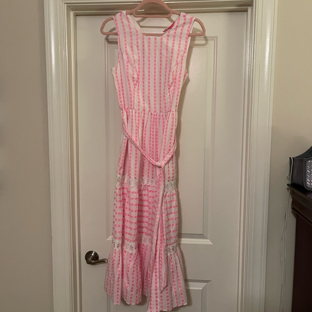 NWT Lilly Pulitzer Maybella Tiered Midi Dress gingham Striped Pink Isle size 2